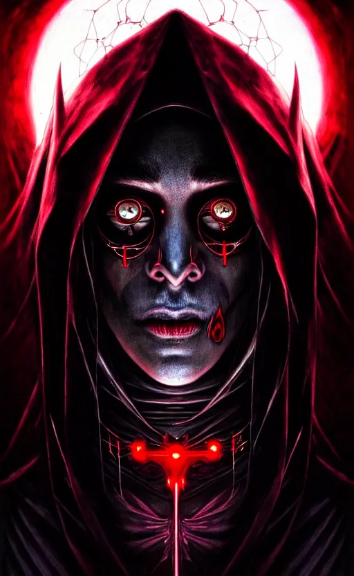 Image similar to a striking portrait of a pitch black masked eldritch shaman with sinister red eyes by moebius and ross tran and artgerm, detailed artwork, realism, 4 k resolution, detailed, high quality, sharp focus, hq artwork, insane detail, volumetric lighting, character concept art, fine details, tarot card, clear subject