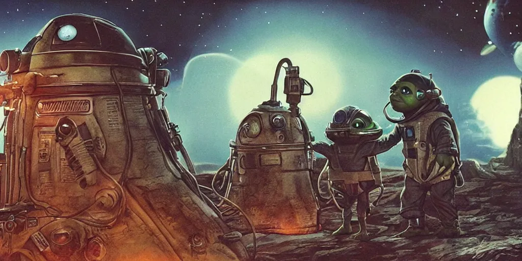Image similar to a 3 d rendered movie still, wide - angle shot, 1 0 0 meter in the distance, baby yoda wearing a spacesuit, and exploring cosmos in a super awesome space ship. dramatic lighting, imax, 7 0 mm. science fiction blockbuster movie, silent running.