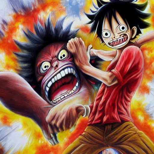 Image similar to highly detailed painting of Monkey D. luffy fighting Kaido, gruesome, scary, sci-fi, hyper realistic