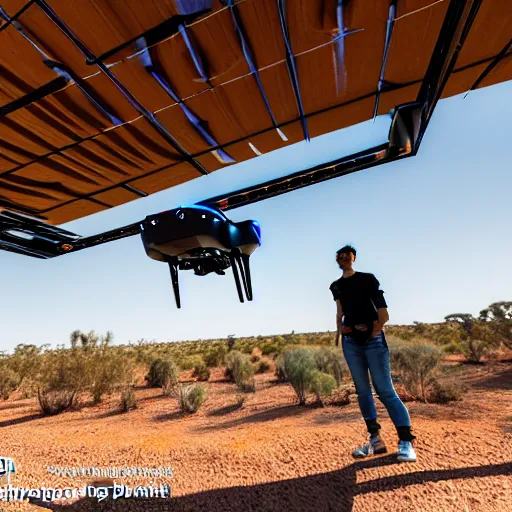 Image similar to flying robotic drone 3d printer printing an earthship house frame in the australian desert, supervised by an asian, caucasian and indian woman, XF IQ4, 150MP, 50mm, F1.4, ISO 200, 1/160s, dawn