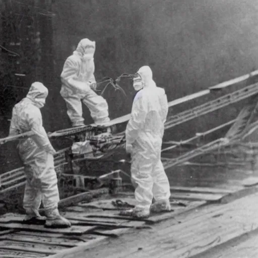 Image similar to old black and white photo, 1 9 1 3, depicting scientists in hazmat suits removing an alien biomechanical insect corpse on a bridge, historical record, volumetric fog