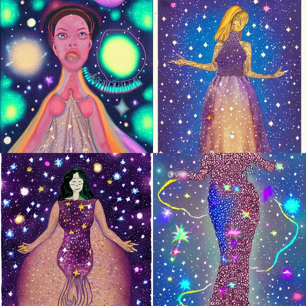 Prompt: a cosmic woman wearing a dress made of stars and galaxy, high details, trending on arstation,