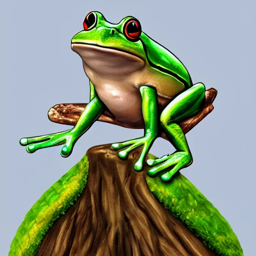 Prompt: A frog on top of a tree, digital art, trending on artstation, well detailed
