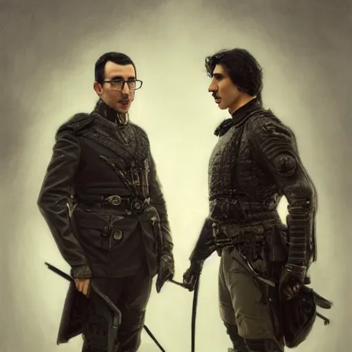 Image similar to portrait of both john oliver and adam driver standing together looking stoic, full body, military uniform, fantasy, intricate, elegant, beautiful, highly detailed, charcoal, centered, dark, smokey, digital painting, artstation, concept art, smooth, sharp focus, illustration, art by artgerm and greg rutkowski and alphonse mucha