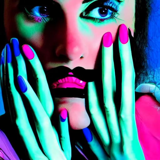 Image similar to a woman with colorful nail polish holding her hands to her face, a pop art painting by david lachapelle, featured on flickr, pop art, neon, vivid colors, glowing neon