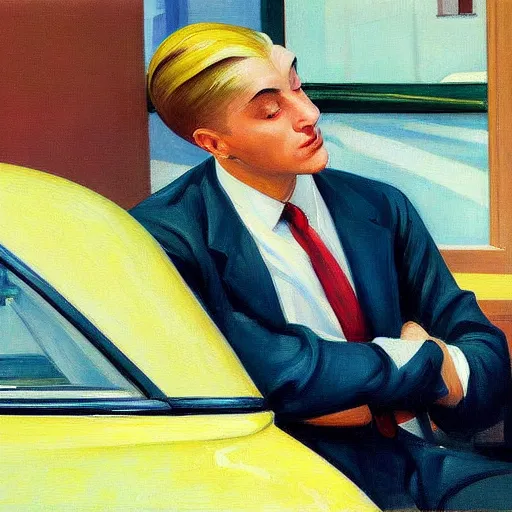 Image similar to a detailed painting, blonde man at a car store, edward hopper,