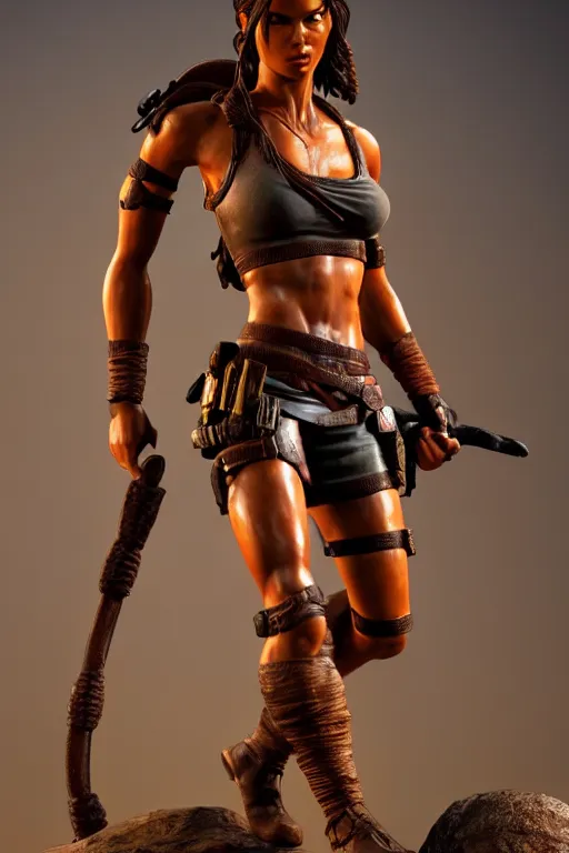 Prompt: detailed photo of lara croft woman warrior wood statue, full body pose, various seducing poses, photorealism, intricate detail, a few light reflexions, museum diffuse lighting