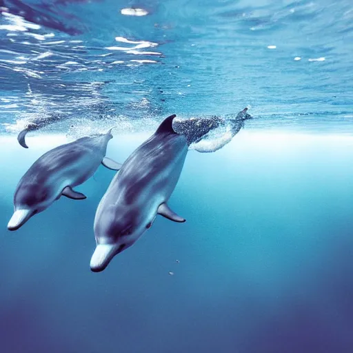 Image similar to underwater ocean, five dolphins, rip curl, school of dolphins, family, swimming to surface, calm, photograph, realistic, peaceful, light rays, beautiful, majestic, dapple, camera angle from below, distance,