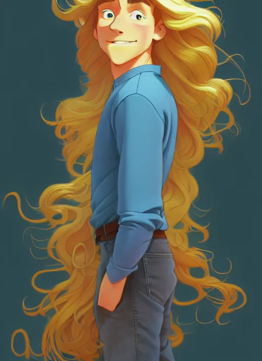 Prompt: young man with long, curly, golden hair, aquamarine eyes, natural lighting, path traced, highly detailed, high quality, cartoon, digital painting, by don bluth and ross tran and studio ghibli and alphonse mucha
