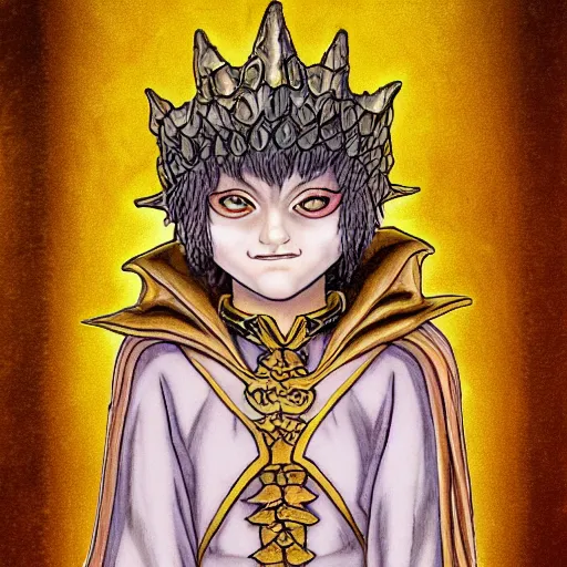 Prompt: portrait of ethereal young goblin princess in golden armour by Kentaro Miura