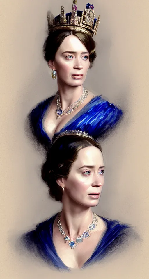 Image similar to portrait of emily blunt as queen victoria, jewelry, greek, sapphire, victorian age, 1 8 9 0, intricate, headshot, key visual, conceptart, ambient lighting, highly detailed, digital painting, artstation, concept art, sharp focus, by makoto shinkai and akihiko yoshida and greg manchess