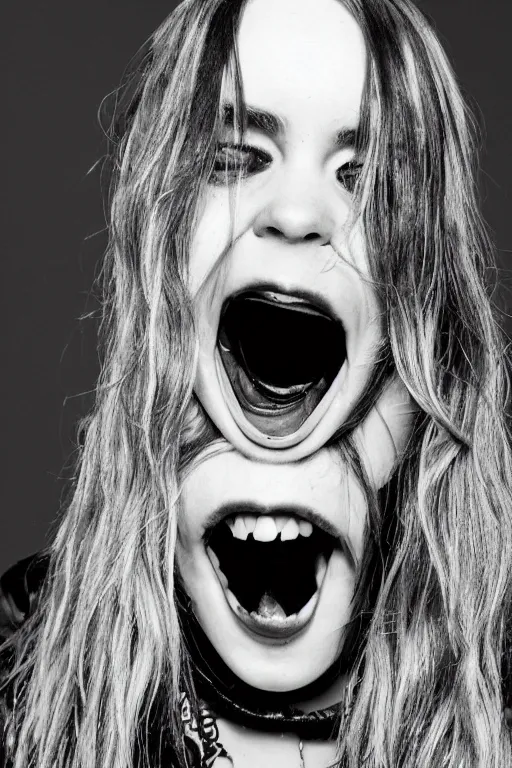 Image similar to black and white photo of Billie eilish with a crustacean crawling out of her mouth