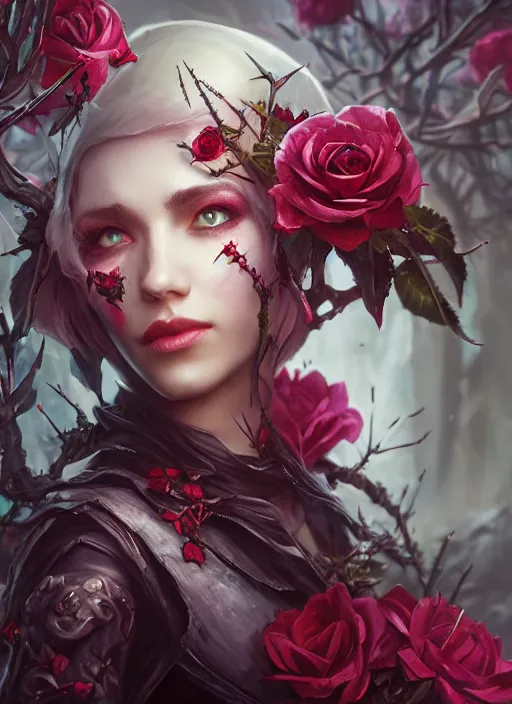 Prompt: beautiful necromancer surrounded by thorns and roses, attractive face, photo by alexey gurylev, high detail, clear focus, concept art, league of legends, shumolly style, monable, artgerm, greg rutkowski, zeronis, pilen and ruan jia