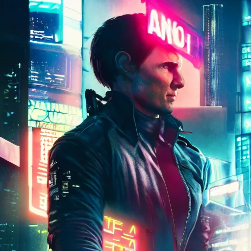 Image similar to tom cruise portrait, Cyberpunk 2077, cyberpsycho, photorealistic, ultra detailed, neon, octane, bokeh, cyber, cyberpunk city, feature, scars, cyberface, 8k