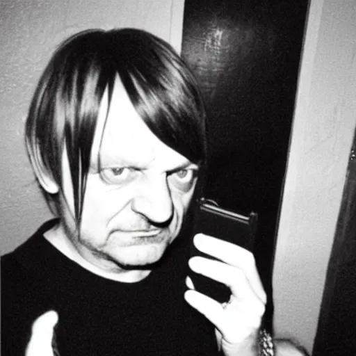 Prompt: mark e smith with scene girl hair, 2 0 0 9, flip phone selfie photograph