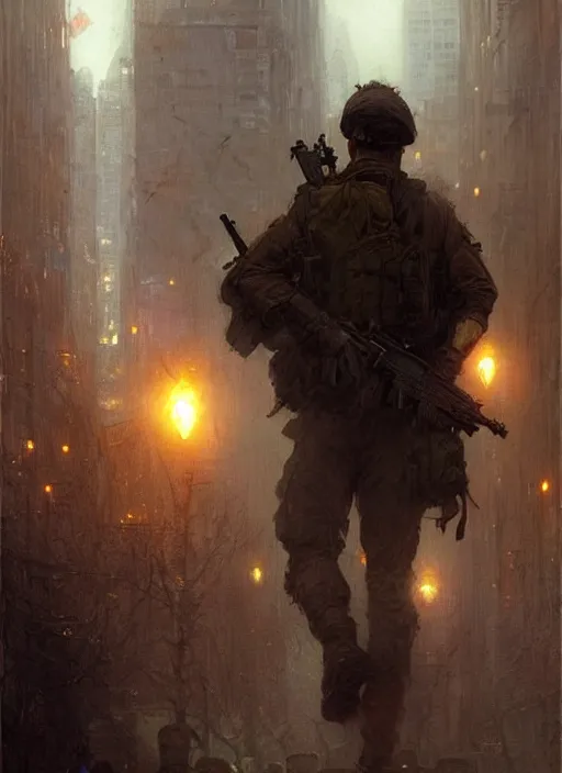 Image similar to an modern soldier in a new york subway in a zombie apocalypse art by greg rutkowski gaston bussiere fantasy soft hair trending on artstation deviantart book cover art concept art key art dramatic volumetric lighting, 4 k, award winning