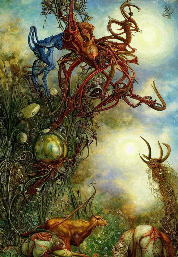 Prompt: simplicity, elegant, muscular goats, babies, botany radiating, colorful mandala, psychedelic, overgrown garden environment, by h. r. giger and esao andrews and maria sibylla merian eugene delacroix, gustave dore, thomas moran, pop art, biomechanical xenomorph, art nouveau, cheerful, glass domes
