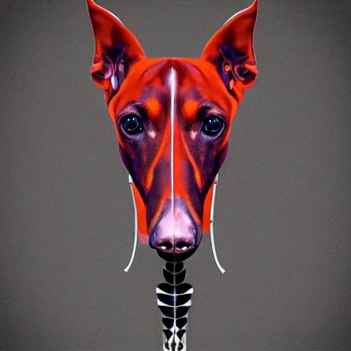 Prompt: pushead skeletal doberman pinscher running in a grassy field style of gray's anatomy veterinary medical diagram aerial horror red monochrome optical illusion kinetic art 1 0 2 4 x 1 0 2 4