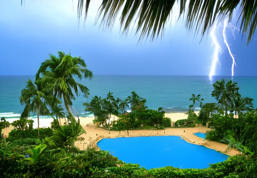 Prompt: Palace of the chalice, refracted sparkles, thunderstorm, greek pool, beach and Tropical vegetation on the background major arcana sky, 2005 blog, dslr camera IMG_4016