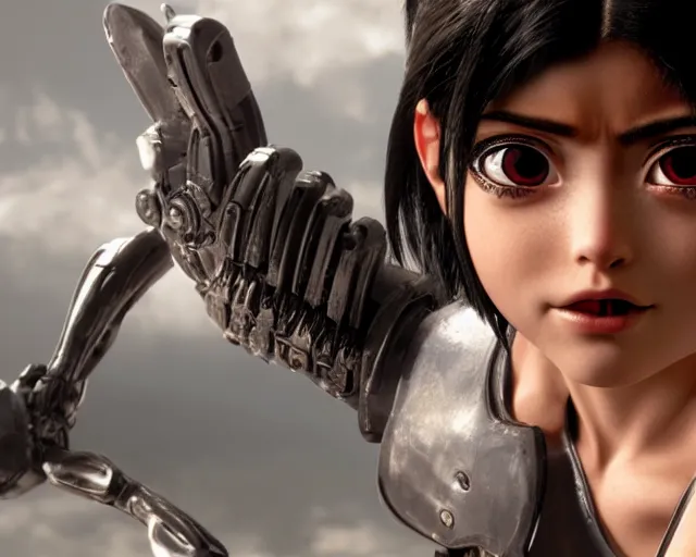 Image similar to battle angel alita, film still, photorealistic, lifelike, cinematic lighting, high detail, high resolution