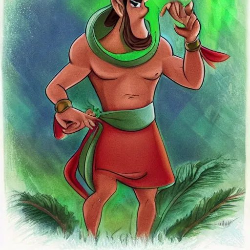 Image similar to the genie from Aladdin but green and surrounded by forest, fantasy illustration