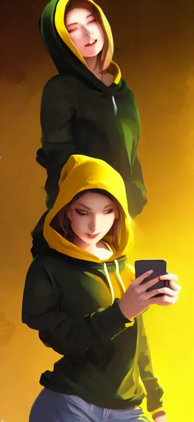 Image similar to a vtuber model concept art of a beautiful girl in a black and yellow hoodie typing in an iphone, full body art, artstation, digital art, smiling face, commission art, style by jordan grimmer and greg rutkowski, 4 k resolution