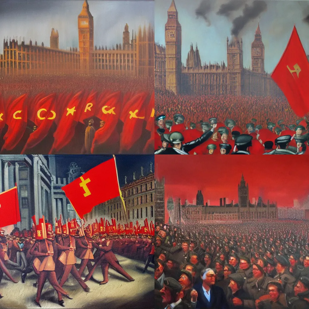 Prompt: london being taken during a communist coup d'etat, oil in canvas style,