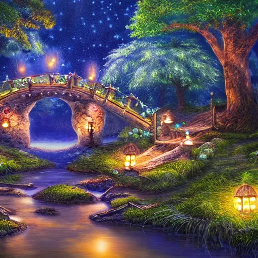 Prompt: painting, high detail, woodland village, in the night, fantasy, crescent moon, stone paths, bridge, water stream, luminous, toadstools, fireflies, fantasy,, flowers, lanterns, mist, highly detailed painting, fine lines, 8 k realistic, sharp focus