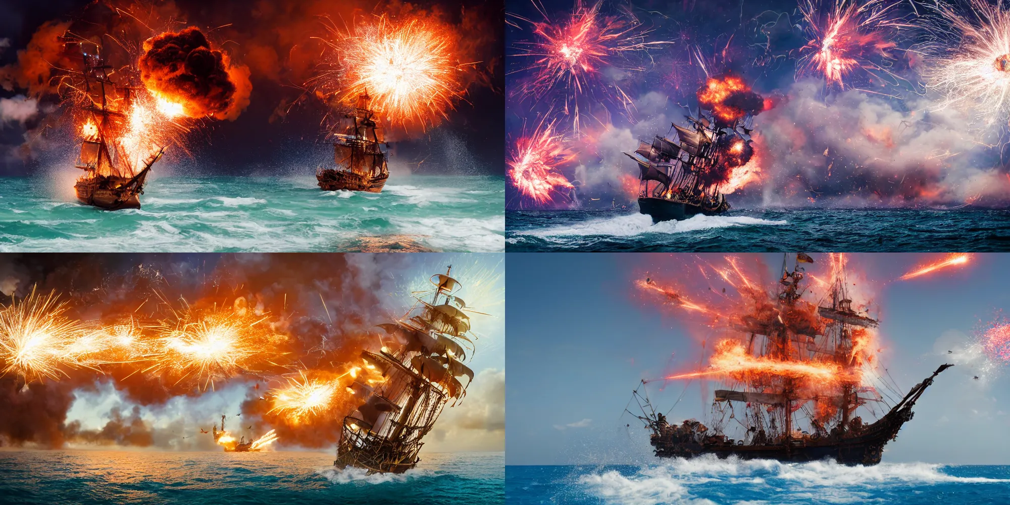 Prompt: action photography of a pirate ship bombarding a caribbean port island with huge explosions, fast shutter speed, high speed, VFX particle simulation, action photo, 1/1000 sec shutter