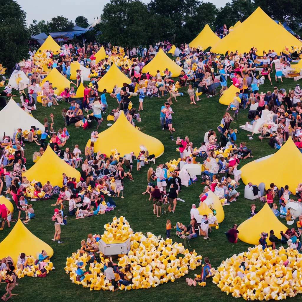 Image similar to festival theme camp called the poppin'kernels, with giant popcorn and movie projector outdoors at dusk