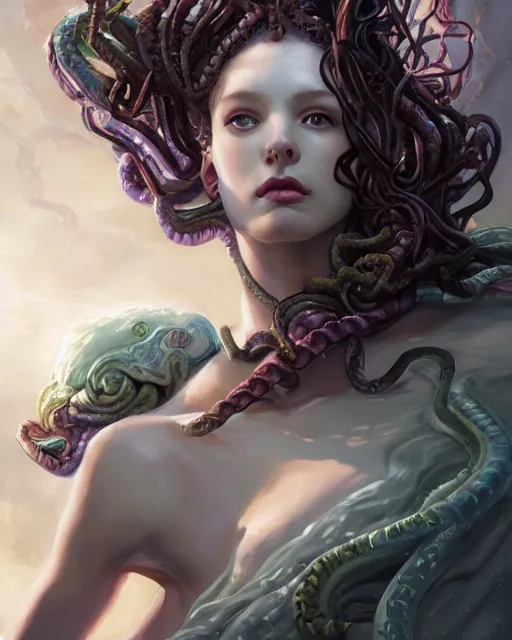 Image similar to portrait of a gorgeous Medusa , magic the gathering artwork, D&D, fantasy, cinematic lighting, centered, symmetrical, highly detailed, digital painting, artstation, concept art, smooth, sharp focus, illustration, volumetric lighting, epic Composition, 8k, art by Akihiko Yoshida and Greg Rutkowski and Craig Mullins, oil painting, cgsociety