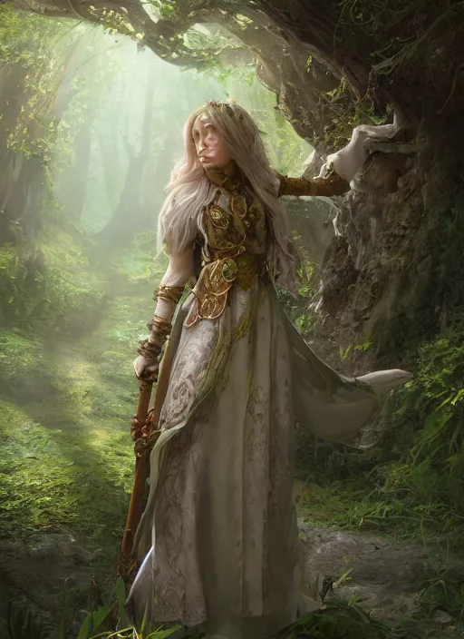 Image similar to Beautiful art portrait of a female fantasy cleric in a mystical fantasy temple surrounded by spring lush forest, atmospheric lighting, intricate detail, cgsociety, hyperrealistic, octane render, RPG portrait, ambient light, dynamic lighting