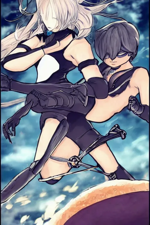 Prompt: Picture of 2B kicking a fat feminist in the head.