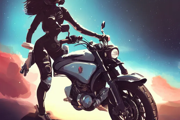 Image similar to a girl is riding a motorbike, digital painting, artstation, the space background,concept art, illustration,