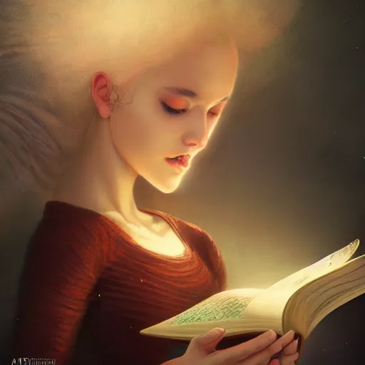 Image similar to by artgerm and agostino arrivabene, visually stunning, cinematic, ultra realistic, hyper realism, epic, octane render, unreal engine, vfx, maya, a girl reading a book, fungal enchanter, murloc tinyfin, dread infernal, wee whelp, battle ram