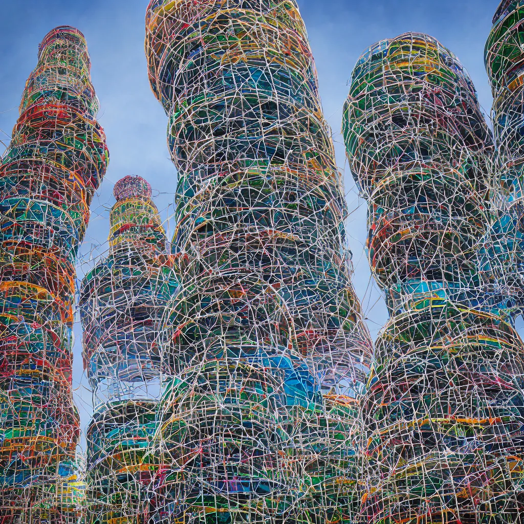 Image similar to circular towers, made up of colourful makeshift squatter shacks, vertical blank spaces, dystopia, sony a 7 r 3, f 1 1, fully frontal view, photographed by jeanette hagglund and terry gilliam