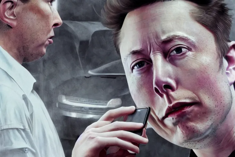 Image similar to hyperrealism aesthetic ridley scott and denis villeneuve style close - up photography of a detailed hyperrealism elon musk, siting on a detailed hyperrealism toilet and scrolling his smartphone in hyperrealism scene from detailed art house movie in style of alejandro jodorowsky and wes anderson