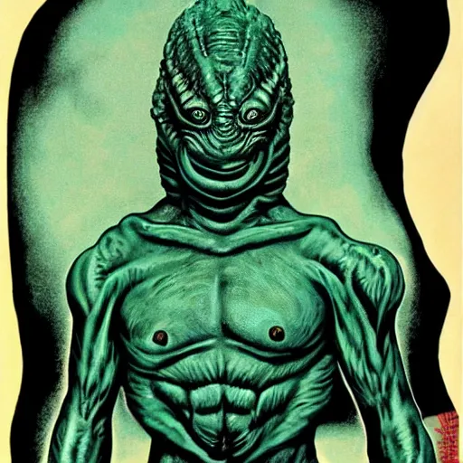 Prompt: gill - man from creature of the black lagoon by gerald brom and andy warhol