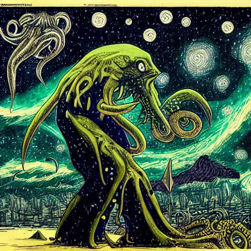 Image similar to Cthulhu, starry sky, Cthulhu Mythos, High detail, Ukiyoe, Comics, JamesJean, Caspar Friedrich, Zdzislaw Beksinsk