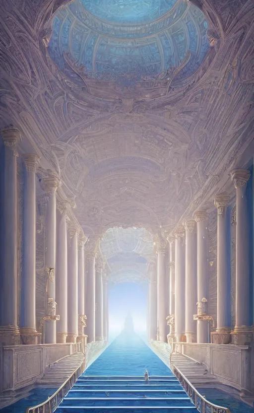 Image similar to vanishing point, palace like the kremlin in distance on a lake is covered with aqua blue roses, viewed from afar, stephen bliss, misty, unreal engine, fantasy art by greg rutkowski, loish, ferdinand knab, and lois van rossdraws,, global illumination, radiant light, minimalist, detailed and intricate environment