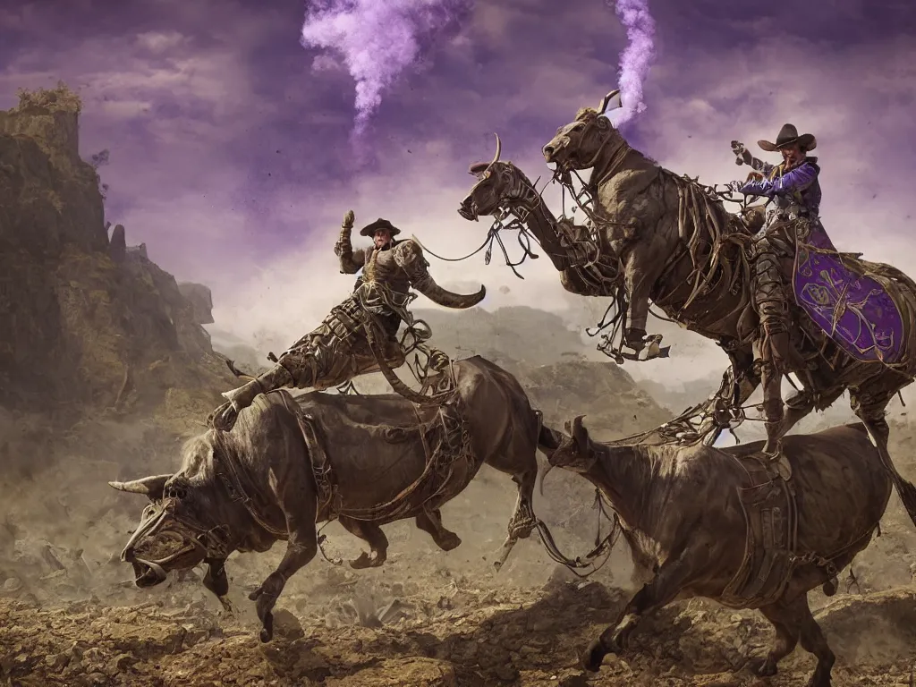 Image similar to cowboy snake oil salesman in purple green medieval armour riding a locomotive steam bull with dollar bill print skin, by Greg Rutkowski, 8K, hyper detailed, realistic, by onesal, by sixnfive , behance 3d , studio photography DSLR, Photoreal epic composition