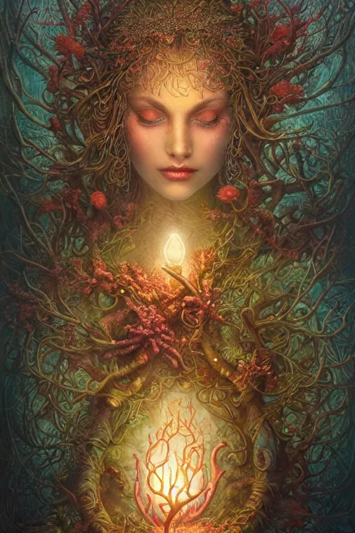 Prompt: a stunning ultra detailed underwater fantasy illustration of a goddess holding a glowing lamp, overgrown with colorful coral, by tomasz alen kopera and tom bagshaw, water bubbles, very detailed, deep depth of field, 5 0 mm lens, soft lighting, artstation, highly coherent, 8 k