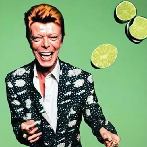 Prompt: david bowie laughing at the too many limes he is trying to carry in his hands