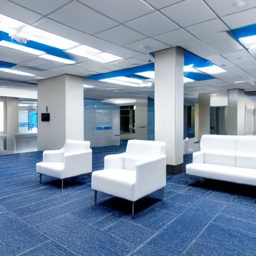 Prompt: a large corporate waiting room, liminal, surreal, white and blue color scheme