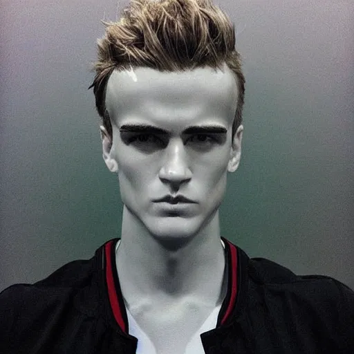 Image similar to “ a realistic detailed photo of a guy who is an attractive humanoid who is half robot and half humanoid, who is a male android, soccer player antoine griezmann, shiny skin, posing like a statue, blank stare, at the museum, on display ”