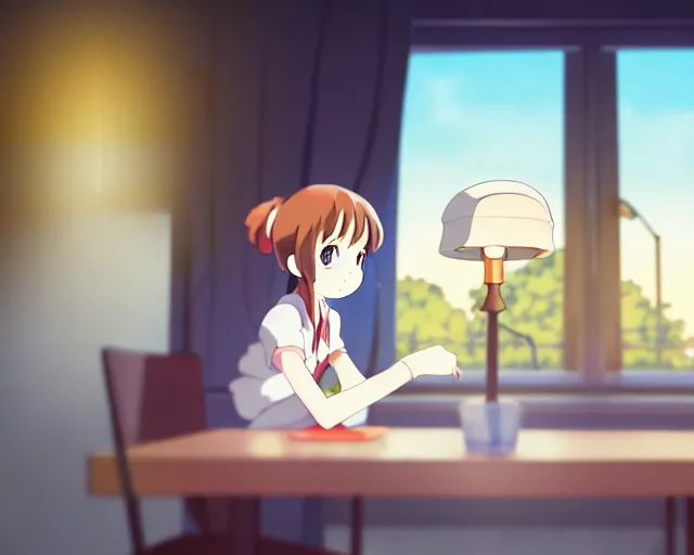 Image similar to anime fine details portrait of joyful school girl talk with robot in her room at the table, evening, lamp, lo-fi, open window, dark city landscape on the background deep bokeh, profile close-up view, anime masterpiece by Studio Ghibli. 8k, sharp high quality anime