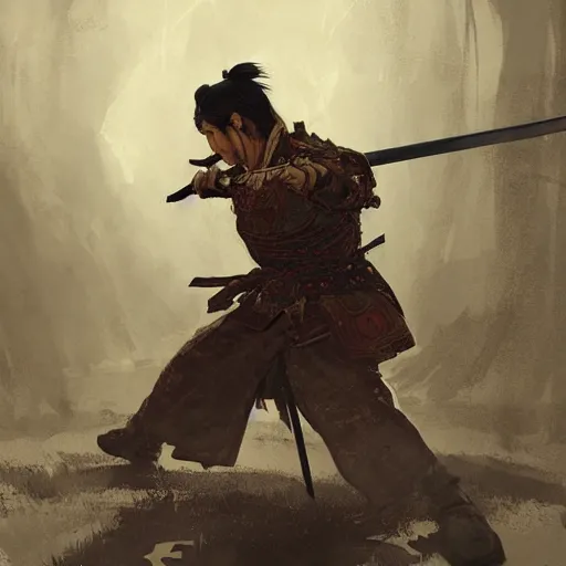 Image similar to A samurai with his sword in a defensive stance, D&D, fantasy, intricate, cinematic lighting, highly detailed, digital painting, artstation, concept art, smooth, sharp focus, illustration, art by Akihiko Yoshida, Greg Rutkowski and Alphonse Mucha