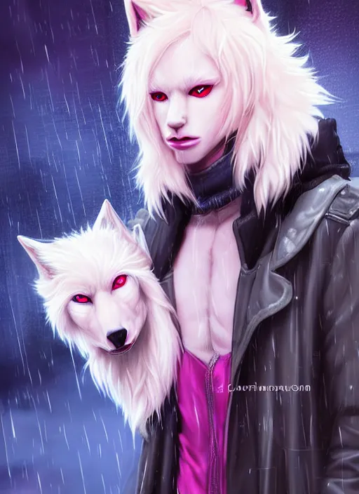 Prompt: award winning beautiful portrait commission of a male furry anthro albino wolf fursona with a tail and a cute beautiful attractive detailed furry face wearing stylish black and pink cyberpunk clothes in a cyberpunk city at night while it rains. Character design by charlie bowater, ross tran, artgerm, and makoto shinkai, detailed, inked, western comic book art