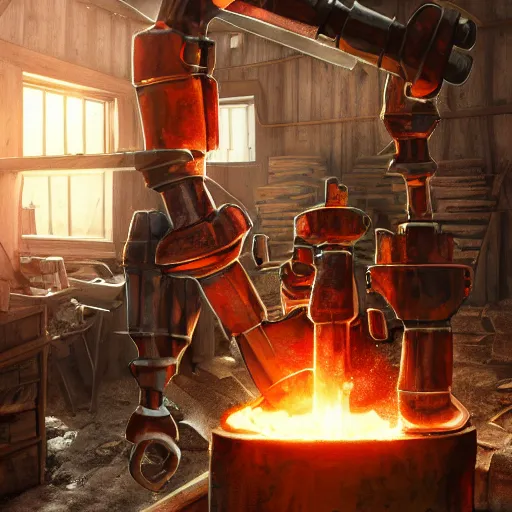 Prompt: blacksmith with 4 robot arms using two anvils smithing scene vibrant photorealistic octane render painting