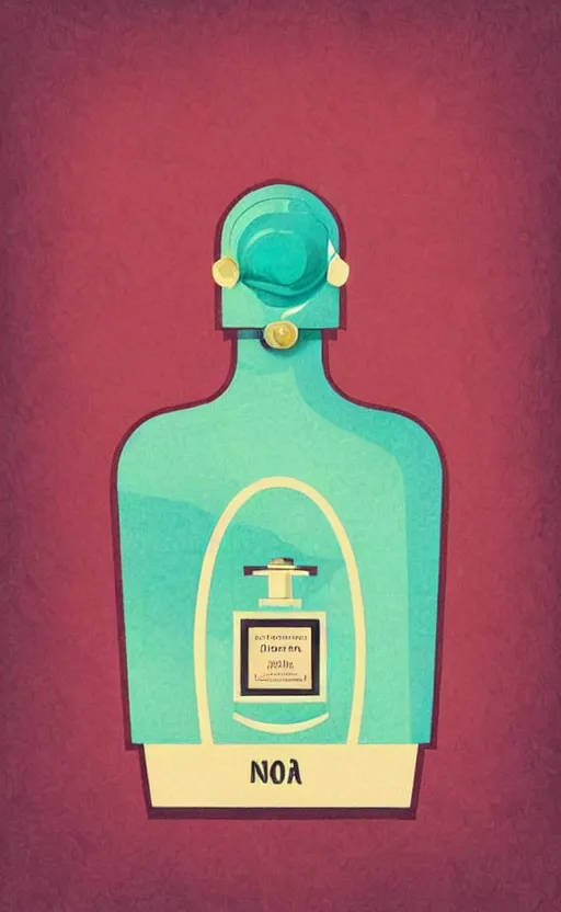 Image similar to illustration, close - up photo with beautiful bottle of perfume near nose, sniffing the aroma, an art deco painting by tom whalen, trending on behance, art deco, digital illustration, storybook illustration, grainy texture, flat shading, vector art, airbrush, pastel, watercolor, poster